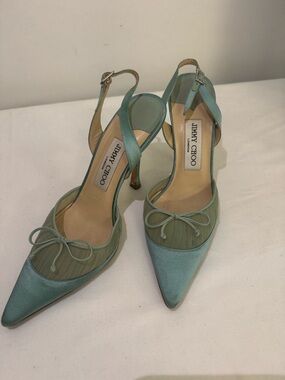 Jimmy Choo Mint Green Pointed Slingback Pumps with Bow Detail